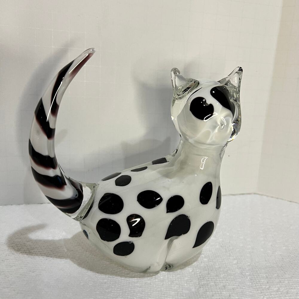 Art Glass Murano Style Blown Glass Cat White & Black Polka Dot & Stripes